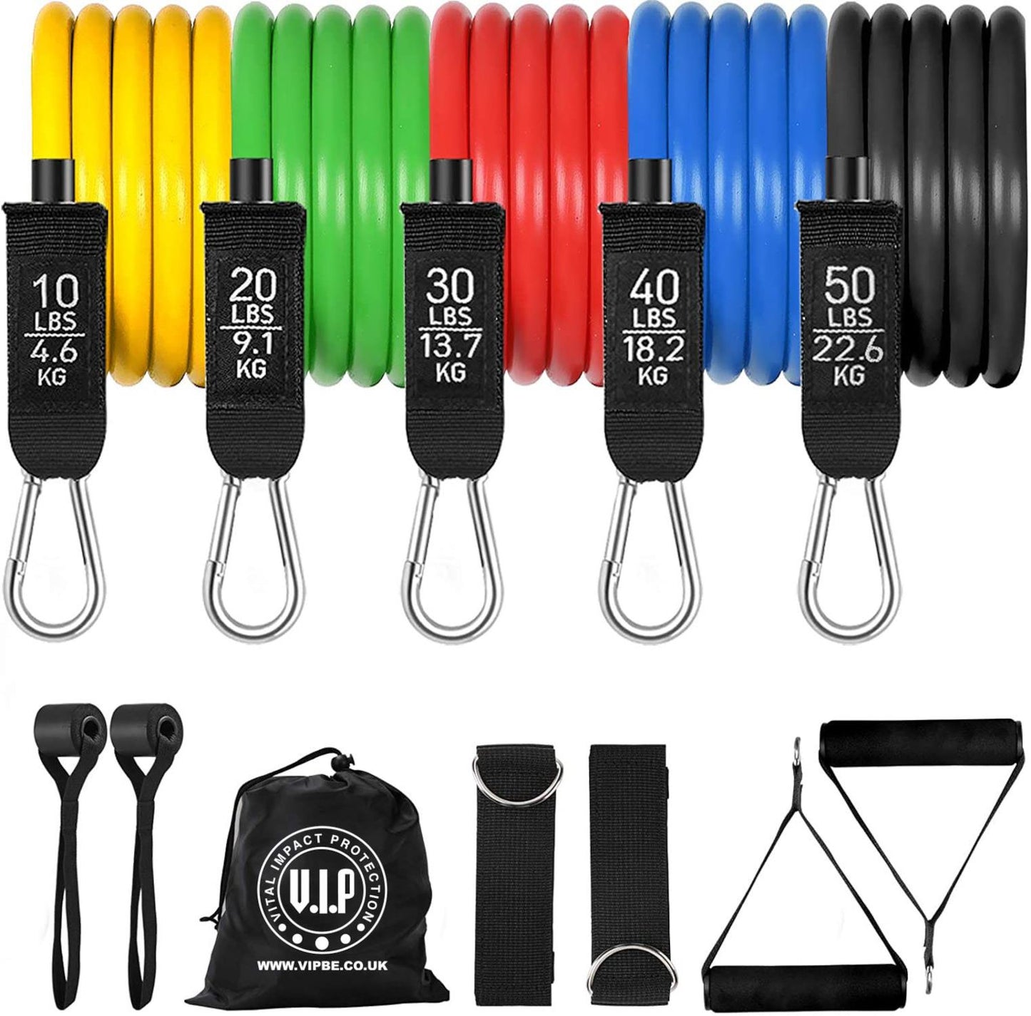 VIP Fitness Exercise Resistance Bands Set Up to 150 lbs, Stretch with 5 Tubes for Weight, Workout, Anti-Snap, Handle Door Anchor, Leg Ankle Straps