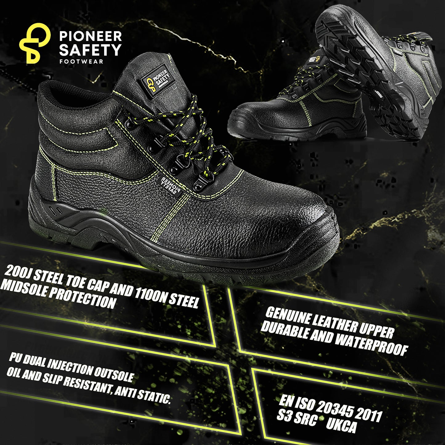Pioneer Safety Footwear Mens Womens Squall Safety Boots Work Waterproof Shoes Leather Steel Toe Cap & Steel Midsole Working Ankle Lightweight Footwear S3 SRC
